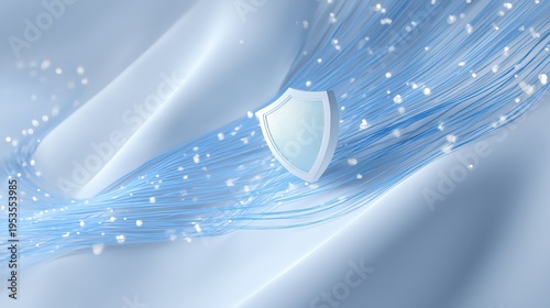 A digital shield icon surrounded by flowing blue data streams represents cybersecurity and data protection in a high-tech environment.