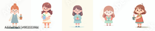 vector of a little girl standing holding a small flower pot