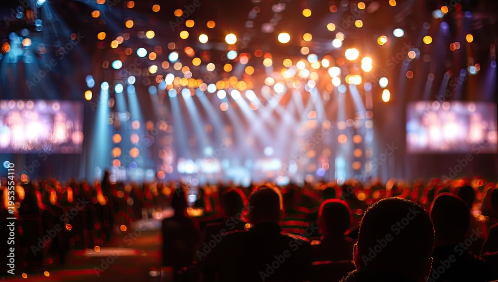 Obraz premium Concert crowd enjoying a vibrant stage performance with bright lights.