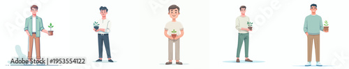 vector of a man standing holding a small flower pot