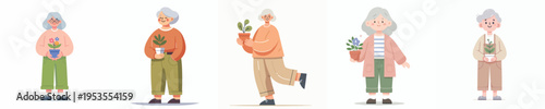 vector of a grandma standing holding a small flower pot