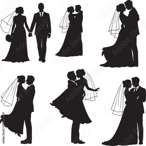 A heartfelt collection of romantic wedding silhouettes capturing the joyous moments of newlywed couples celebrating their special day with love, tenderness, and cherished embraces
