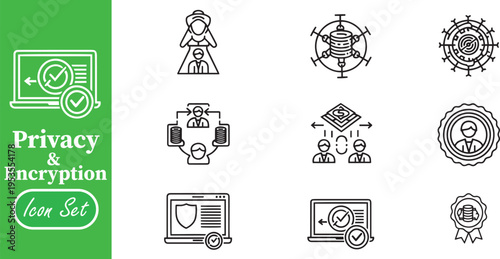 Privacy and Encryption Icon Set: Secure Data Distribution, Online User Protection Dashboard, Verified Network Identity and Cyber Security Linear Symbols