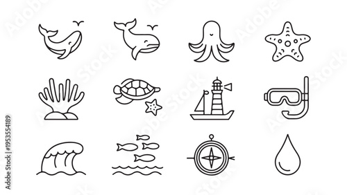 Set of black and white ocean and marine outline 1