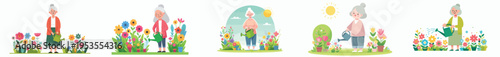 vector of a happy grandma standing watering flowers in the garden