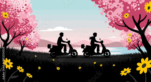 Two people riding scooters through a scenic landscape with cherry blossoms.