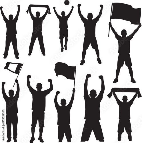 Dynamic collection of enthusiastic human silhouettes, portraying a spirited crowd celebrating with raised arms and flags, symbolizing unity, passion, and collective triumph