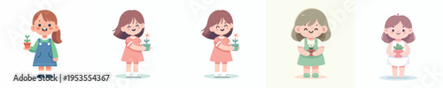 vector of a little girl standing holding a small flower pot