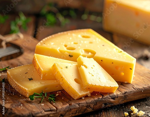 Alpine emmental cheese slices on rustic wooden board