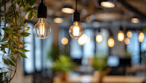 Warm Ambiance of Edison Bulbs in a Modern Cafe Interior.