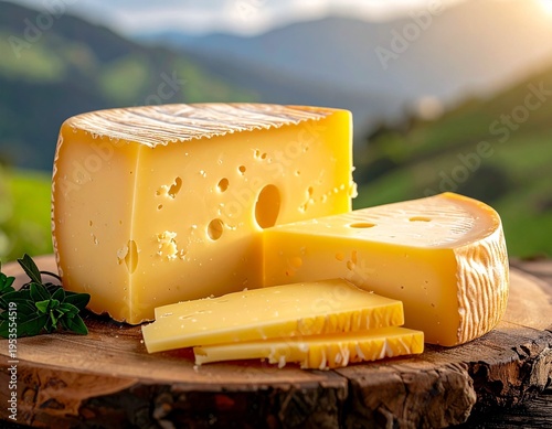 Alpine emmental cheese slices on rustic wooden board