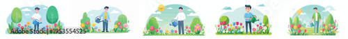 vector of a happy man standing watering flowers in the garden