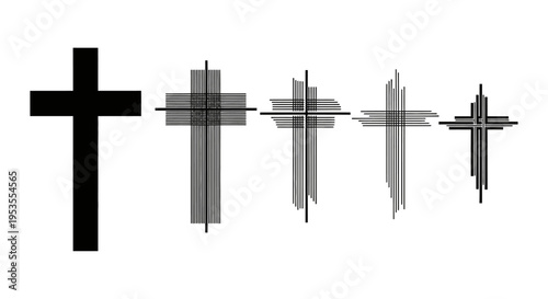 Five black and grey Christian crosses in varying styles.