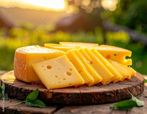 Alpine emmental cheese slices on rustic wooden board
