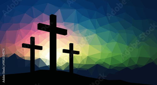 Three Christian crosses silhouetted against a vibrant sky.