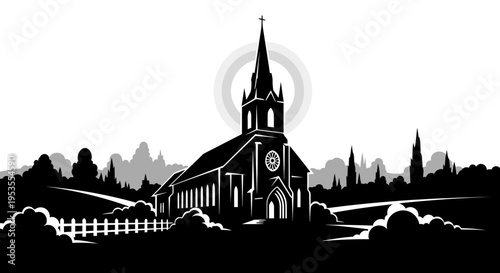 Classic Church Steeple with Radiant Halo in Black and White.