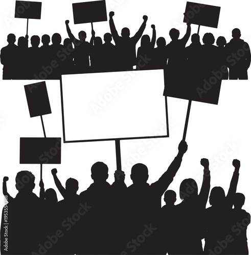 Protestors rallying with blank signs and raised fists, symbolizing demonstration and activism