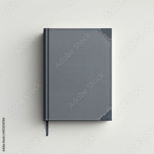 A gray notebook with a black elastic closure on a white background