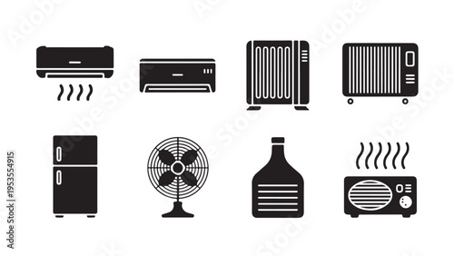 Set of black home appliances silhouettes refrigerator