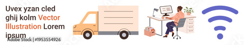 Logistics, remote work, technology, delivery services, online connectivity, office setup. Delivery truck, person at desk with computer and wireless signal. Remote work and logistics concept