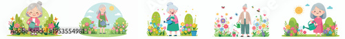 vector of a happy grandma standing watering flowers in the garden