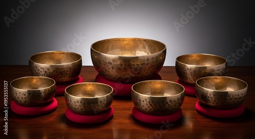 A collection of seven handcrafted brass singing bowls arranged on a polished wooden surface for meditation and sound healing illustration