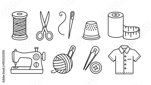 Set of sewing tools outline including scissors, thread, thimble, and sewing machine