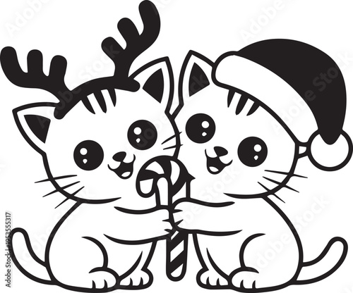 Two cats in festive christmas hats and antlers