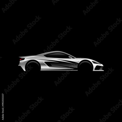 Futuristic Silver Sports Car Side View Vector Illustration on Black Background