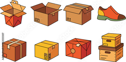  Set of cardboard boxes and packaging elements including open boxes, sealed parcels and storage crates in flat vector illustration style