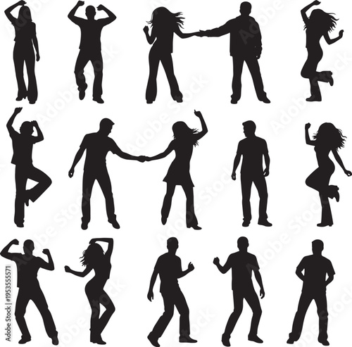 Silhouette dance figures in various dynamic poses, showcasing movement and celebration, perfect for lifestyle and event themes