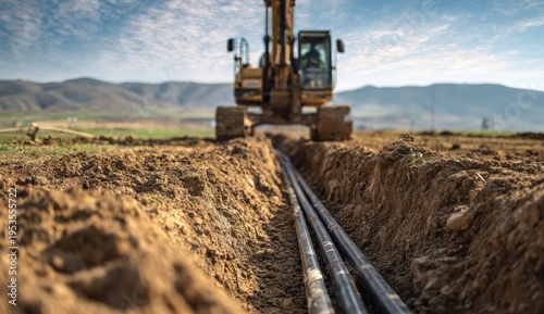 Heavy Excavator Digging Trench for Underground Cable Installation.