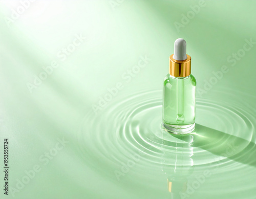 春～初夏のさわやかな新緑イメージのミントグリーンの背景素材　静かに波打つ水面と美容液コスメ