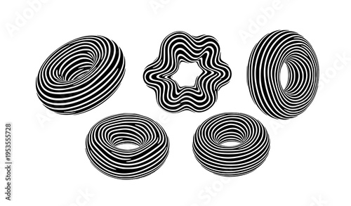 Abstract 3D Striped Donut Shapes – Minimal Black Optical Illusion Vector Set