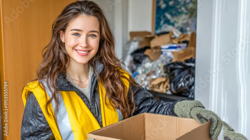Smiling volunteer prepares to distribute donations in a community center filled with collected items in the afternoon sun