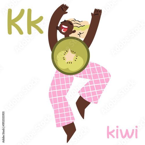 A black girl in a kiwi suit and pink checkered pants is jumping happily. Educational flashcard for the letter k for learning English.