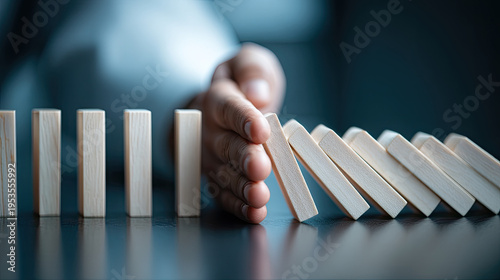 Hand stopping falling dominoes for risk management concept