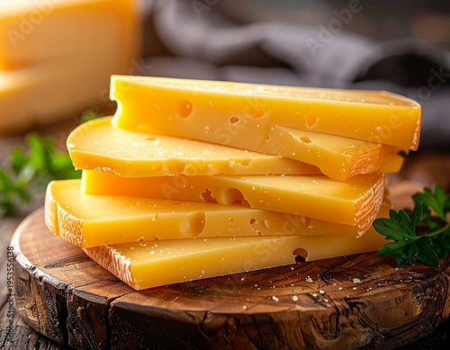 Alpine emmental cheese slices on rustic wooden board