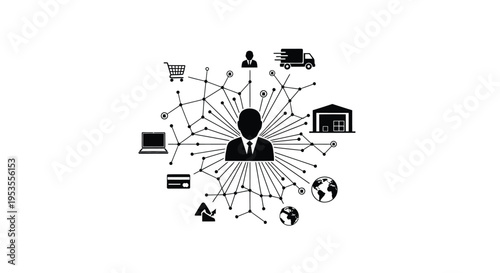 Businessperson managing global e-commerce logistics network with various interconnected digital services vector illustration