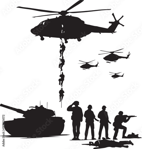 Military operation with helicopter and tank