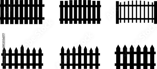 Wooden fence silhouettes flat vector illustration, picket barrier icons set, garden boundary designs, outdoor enclosure elements, rural property divider collection