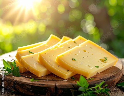 Alpine emmental cheese slices on rustic wooden board