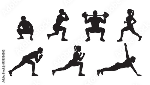 Silhouettes of men and women performing various fitness exercises