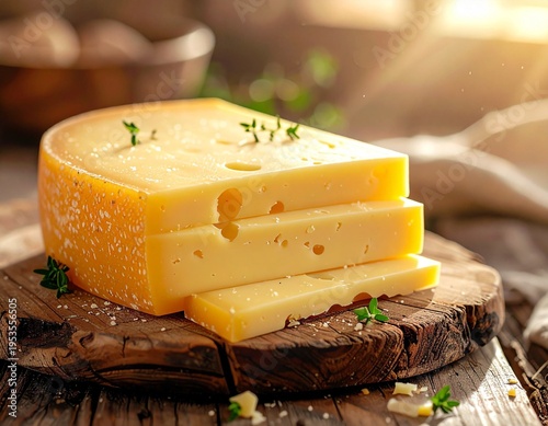 Alpine emmental cheese slices on rustic wooden board