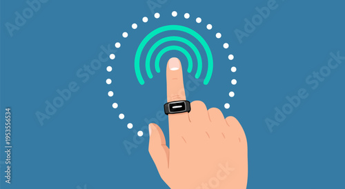 Vector illustration of a hand wearing a smart ring with glowing concentric circles emanating from the fingertip, representing technology and interaction
