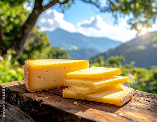 Alpine emmental cheese slices on rustic wooden board