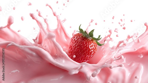 Strawberry splashing in pink liquid on white background