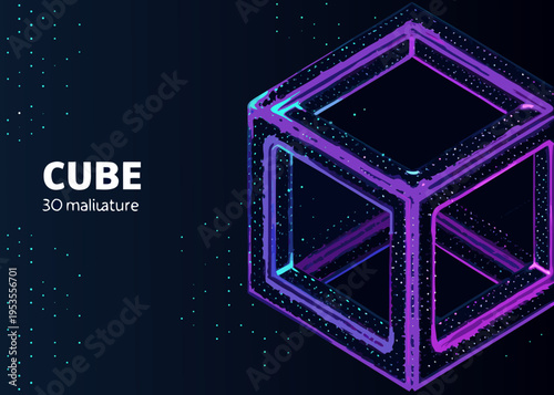 A glowing translucent cube with neon accents against a dark background