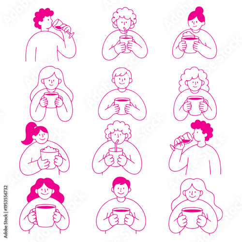 Boy and girl holding coffee tea and cold drinks in different poses doodle silhouette