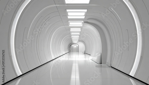 Futuristic White Tunnel Corridor with Circular Archways and LED Lighting.